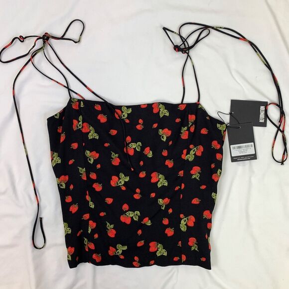 REFORMATION Lily Strawberry Square Neck Black 12 M L Strappy Tie Top Tank Print - Picture 3 of 8